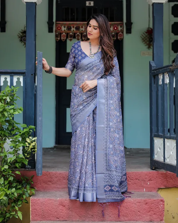 Classic_Blue_Ethnic_Floral_Linen_Saree_With_Artistic_Border_Default_Title