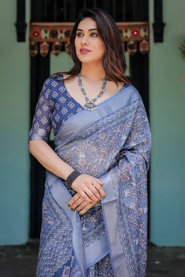 Classic_Blue_Ethnic_Floral_Linen_Saree_With_Artistic_Border_Default_Title