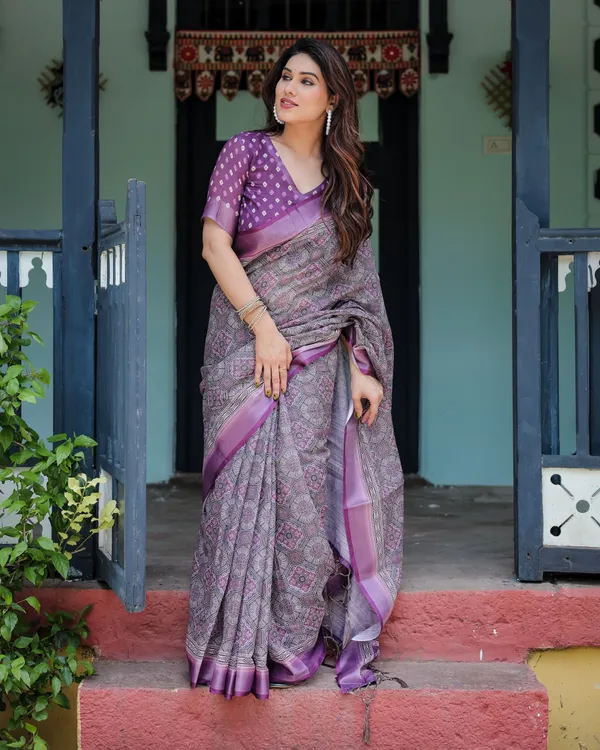 Royal_Lavender_Printed_Linen_Saree_With_Rich_Border_Default_Title