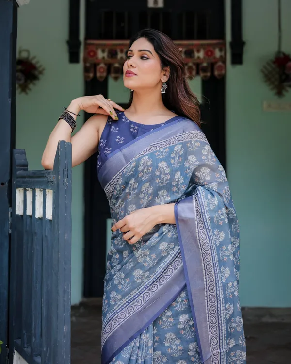Graceful_Dusty_Blue_Ethnic_Motif_Linen_Cotton_Saree_Default_Title