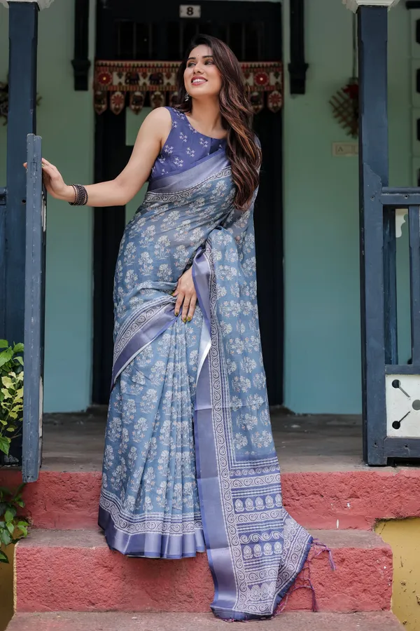 Graceful_Dusty_Blue_Ethnic_Motif_Linen_Cotton_Saree_Default_Title