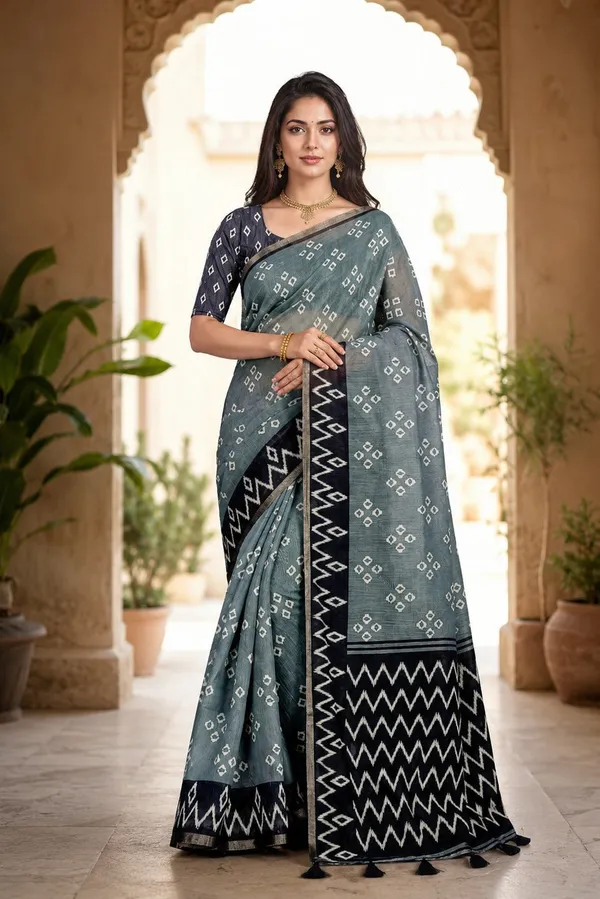 Dusty_Teal_Linen_Cotton_Saree_With_Ikat_Zigzag_Border_Bandhani_Motifs_Default_Title