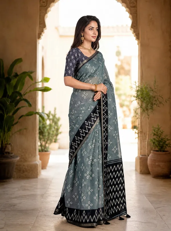 Dusty_Teal_Linen_Cotton_Saree_With_Ikat_Zigzag_Border_Bandhani_Motifs_Default_Title