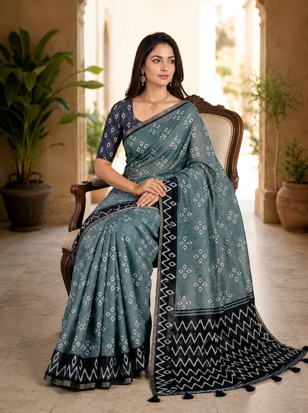 Dusty_Teal_Linen_Cotton_Saree_With_Ikat_Zigzag_Border_Bandhani_Motifs_Default_Title