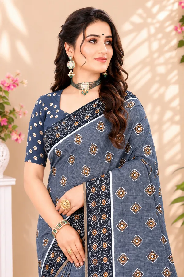 Neelvastra_Ajrakh_Buti_Linen_Cotton_Saree_With_Indigo_Designer_Pallu
