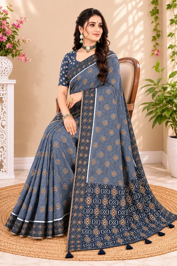 Neelvastra_Ajrakh_Buti_Linen_Cotton_Saree_With_Indigo_Designer_Pallu