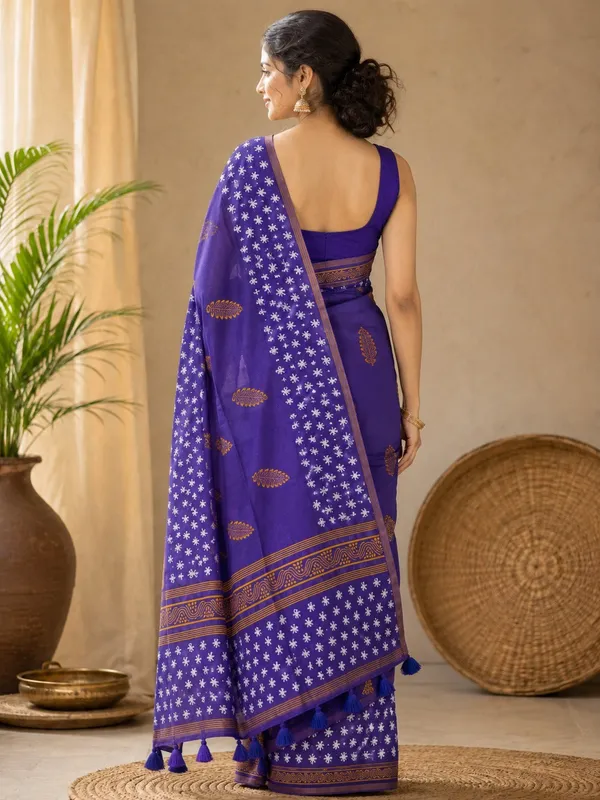 Royal_Violet_Bandhani_Floral_Linen_Cotton_Saree_With_Tassel_Pallu_Default_Title