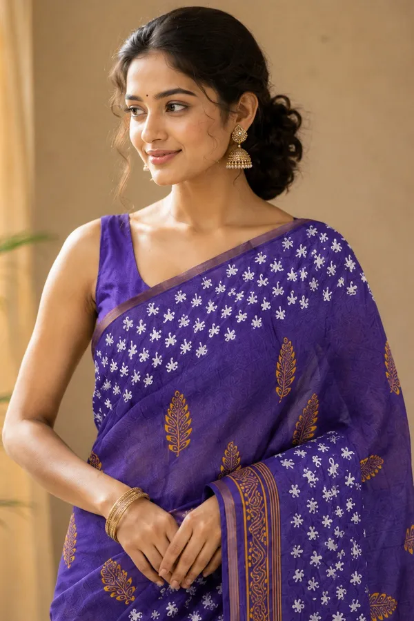 Royal_Violet_Bandhani_Floral_Linen_Cotton_Saree_With_Tassel_Pallu_Default_Title