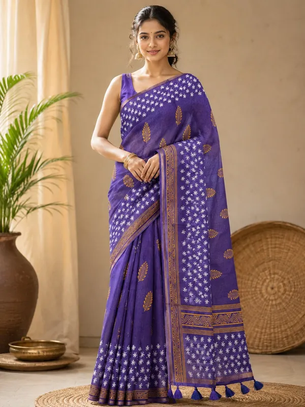 Royal_Violet_Bandhani_Floral_Linen_Cotton_Saree_With_Tassel_Pallu_Default_Title
