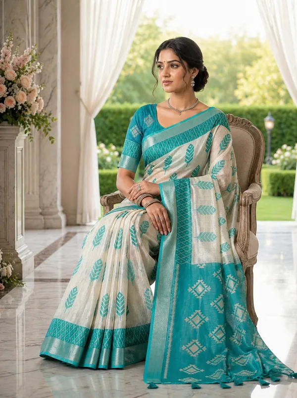 Ivory_Aqua_Tribal_Leaf_Linen_Cotton_Saree_With_Geometric_Designer_Pallu_Default_Title