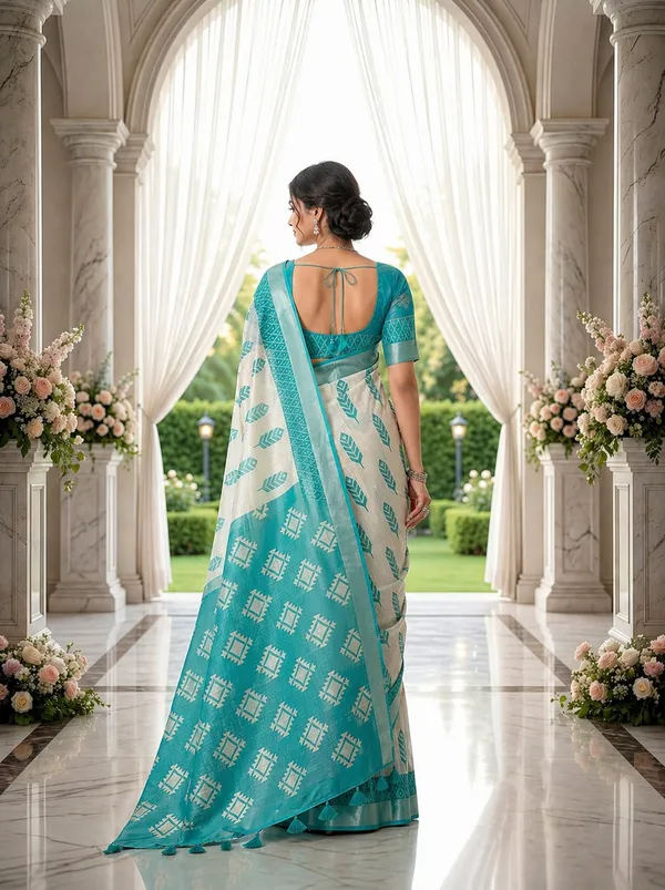 Ivory_Aqua_Tribal_Leaf_Linen_Cotton_Saree_With_Geometric_Designer_Pallu_Default_Title