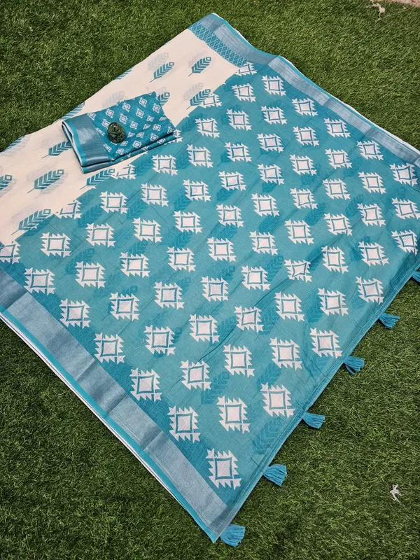Ivory_Aqua_Tribal_Leaf_Linen_Cotton_Saree_With_Geometric_Designer_Pallu_Default_Title