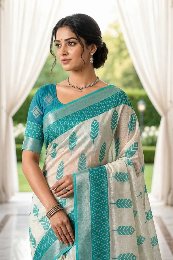 Ivory_Aqua_Tribal_Leaf_Linen_Cotton_Saree_With_Geometric_Designer_Pallu_Default_Title