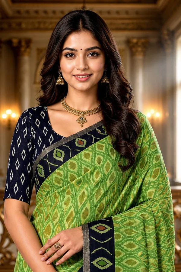 Lime_Green_Ikat_Heritage_Linen_Cotton_Saree_With_Indigo_Tribal_Pallu_Default_Title