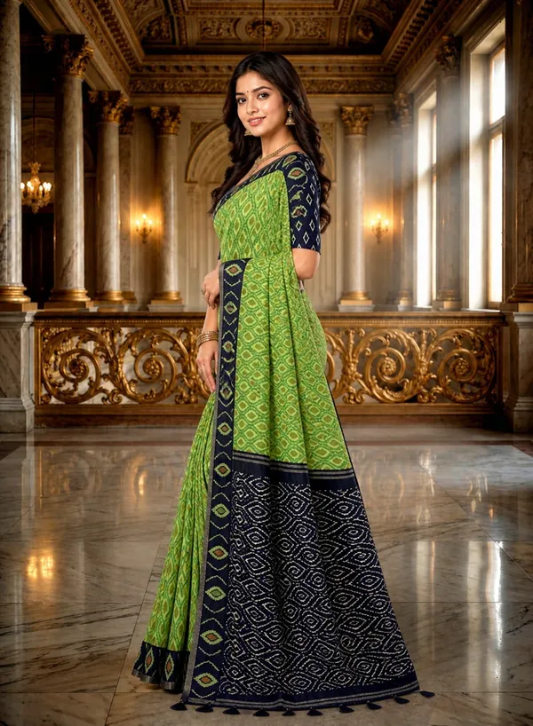 Lime_Green_Ikat_Heritage_Linen_Cotton_Saree_With_Indigo_Tribal_Pallu_Default_Title