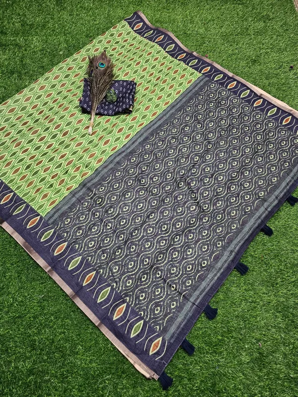 Lime_Green_Ikat_Heritage_Linen_Cotton_Saree_With_Indigo_Tribal_Pallu_Default_Title