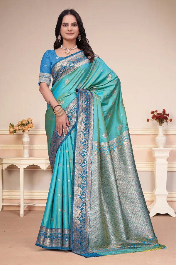 Turquoise_50_600_Silk_Saree_With_Royal_Blue_Zari_Border_Default_Title