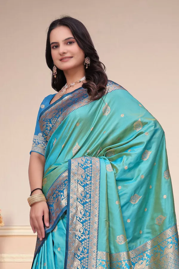 Turquoise_50_600_Silk_Saree_With_Royal_Blue_Zari_Border_Default_Title