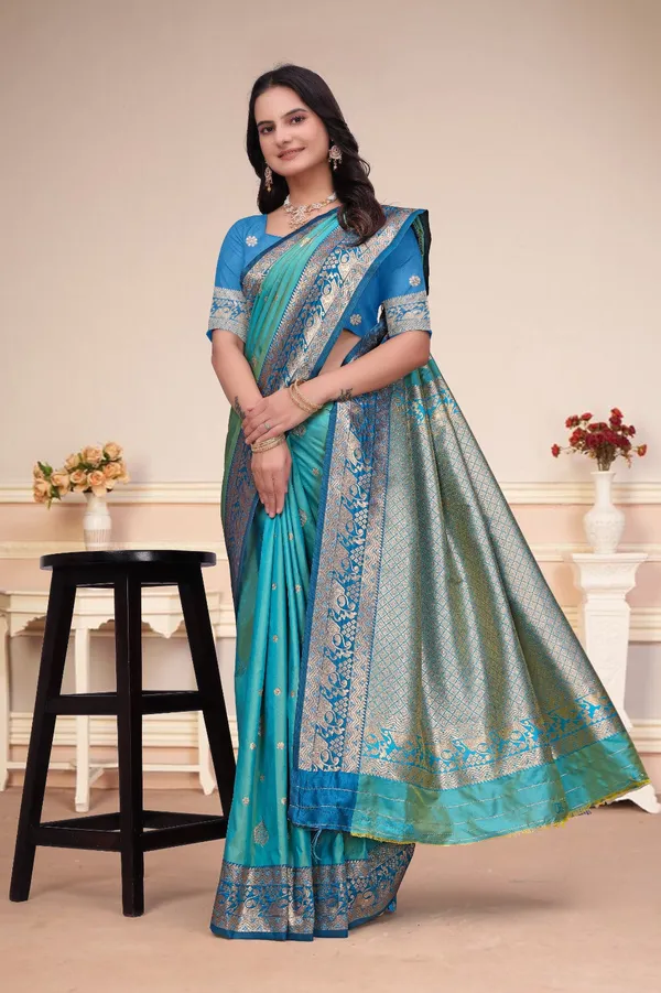 Turquoise_50_600_Silk_Saree_With_Royal_Blue_Zari_Border_Default_Title