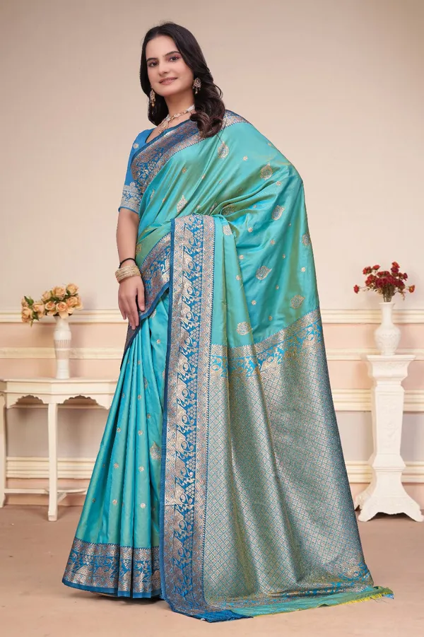 Turquoise_50_600_Silk_Saree_With_Royal_Blue_Zari_Border_Default_Title