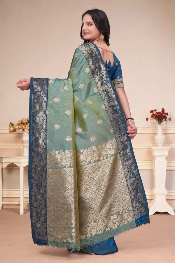 Sea_Green_Dual_Tone_Silk_Saree_With_Floral_Zari_Border_Default_Title