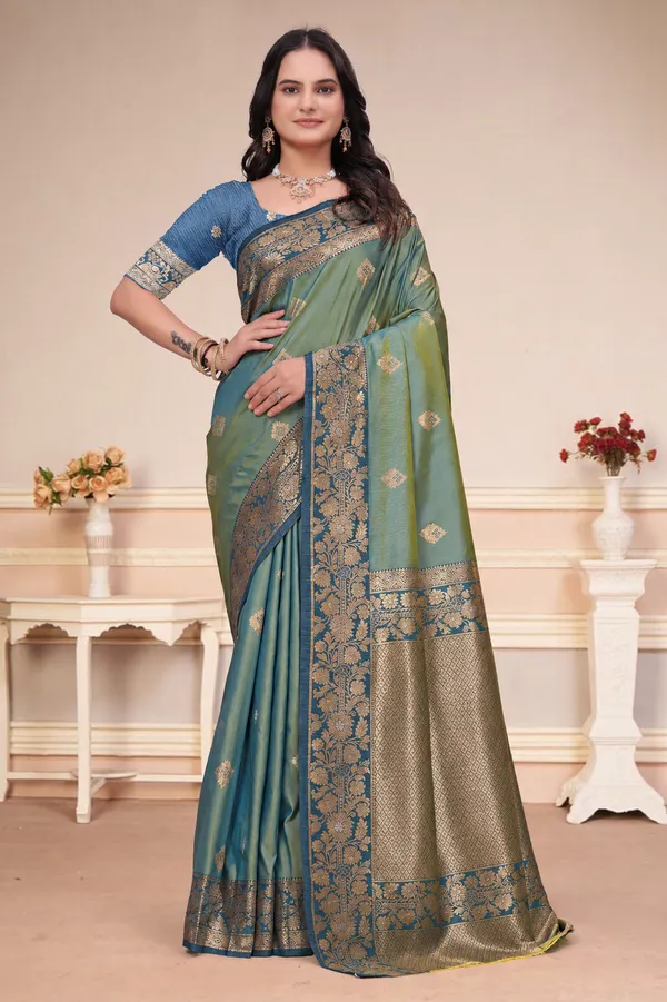 Sea_Green_Dual_Tone_Silk_Saree_With_Floral_Zari_Border_Default_Title