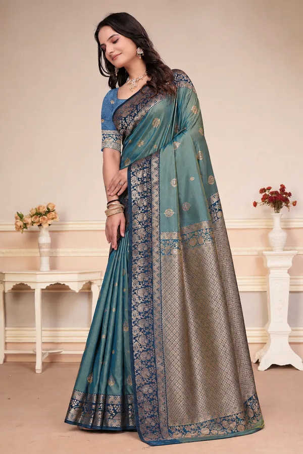 Sea_Green_Dual_Tone_Silk_Saree_With_Floral_Zari_Border_Default_Title
