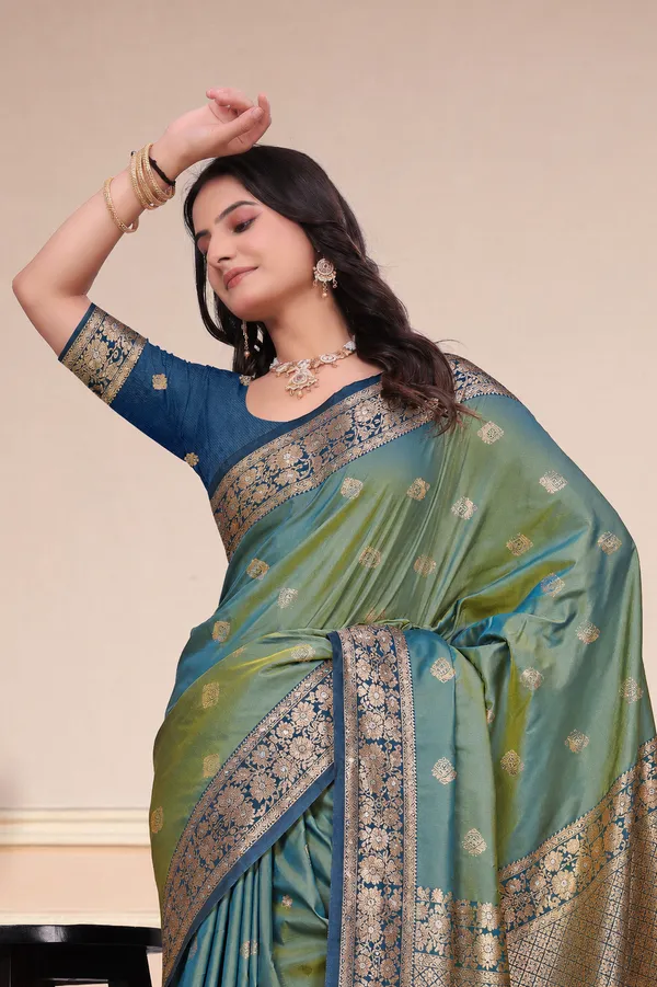 Sea_Green_Dual_Tone_Silk_Saree_With_Floral_Zari_Border_Default_Title
