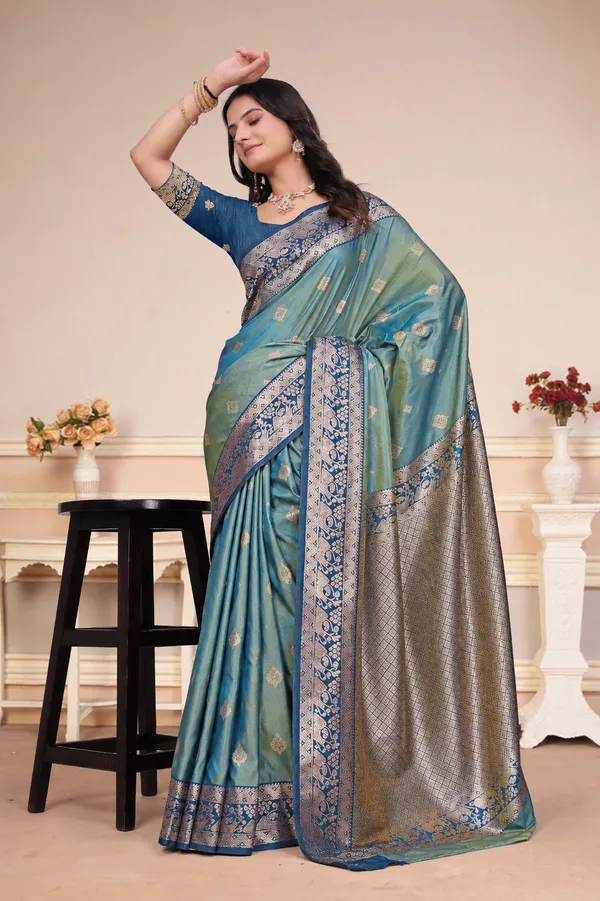 Sea_Green_Dual_Tone_Silk_Saree_With_Floral_Zari_Border_Default_Title
