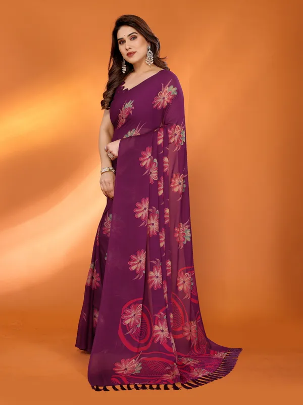Floral_Printed_Dull_Moss_Silk_Saree_with_Zari_Work_&_Tassel_Border