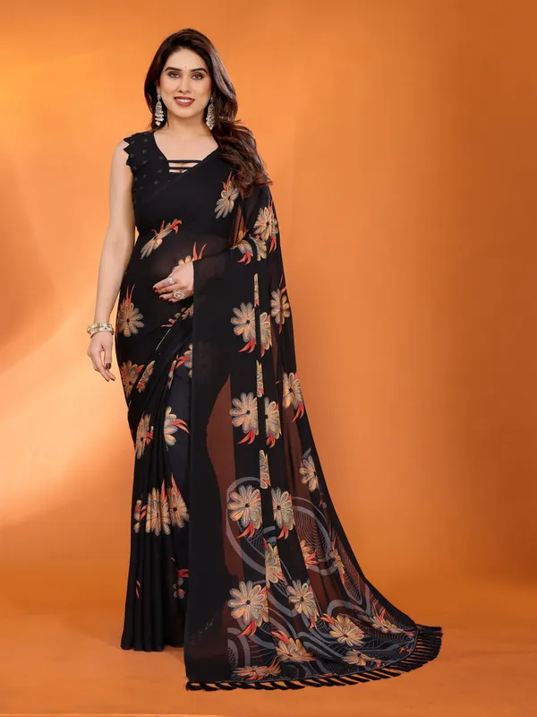 Floral_Printed_Dull_Moss_Silk_Saree_with_Zari_Work_&_Tassel_Border