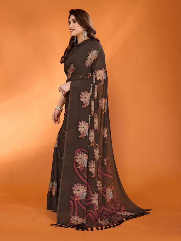 Floral_Printed_Dull_Moss_Silk_Saree_with_Zari_Work_&_Tassel_Border
