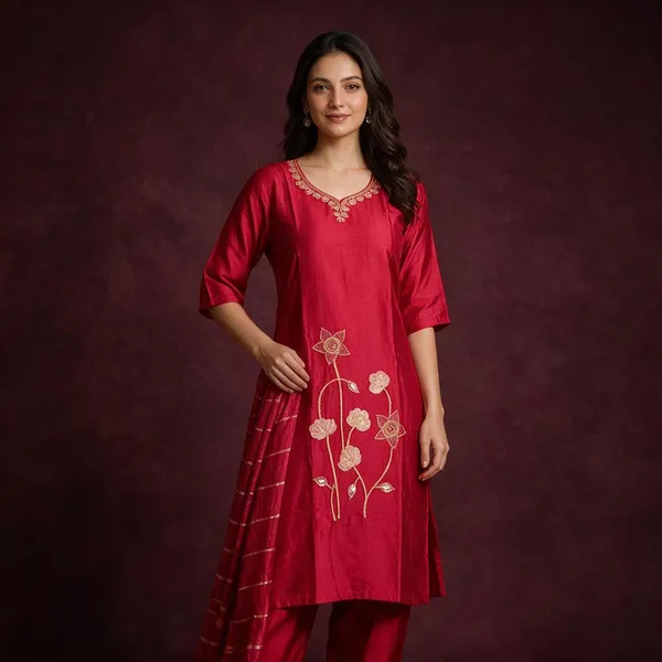 Red_Roman_Silk_Embroidered_Kurta_Set_For_Women