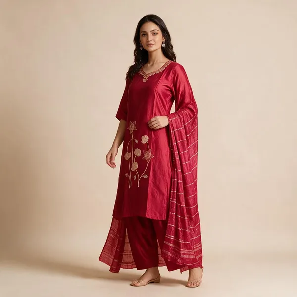 Red_Roman_Silk_Embroidered_Kurta_Set_For_Women