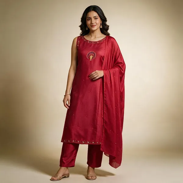 Red_Roman_Silk_Embroidered_Kurta_Set_For_Women