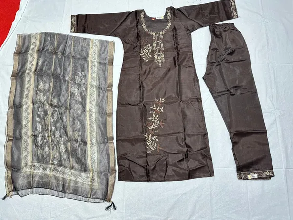 Brown_Roman_Silk_Embroidered_Kurta_Set_For_Women
