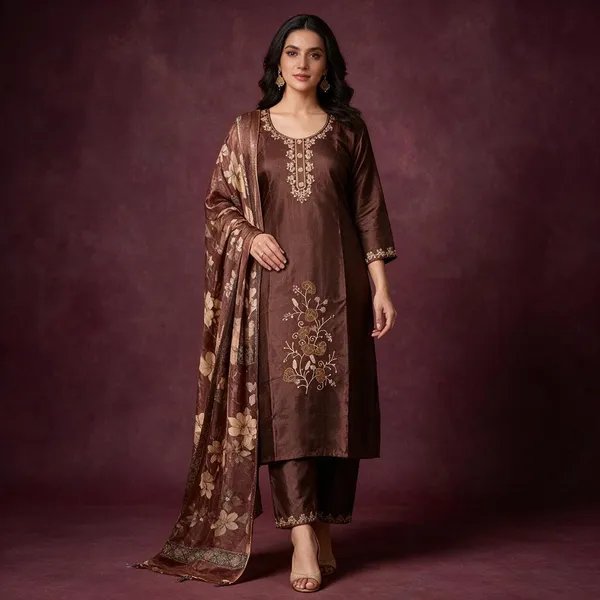 Brown_Roman_Silk_Embroidered_Kurta_Set_For_Women