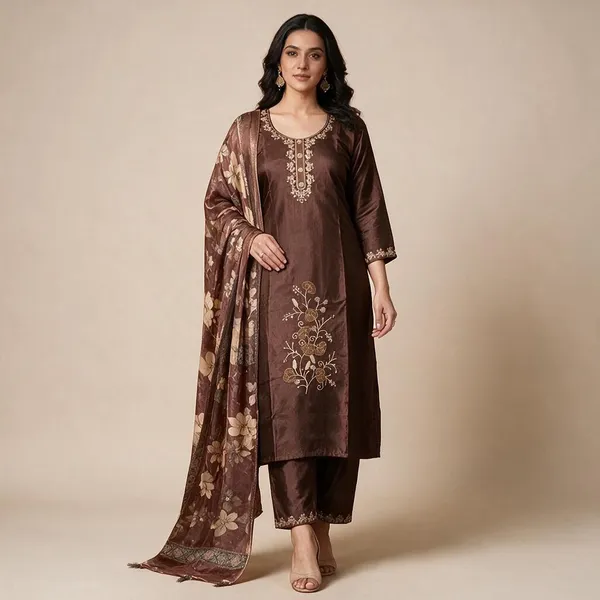 Brown_Roman_Silk_Embroidered_Kurta_Set_For_Women