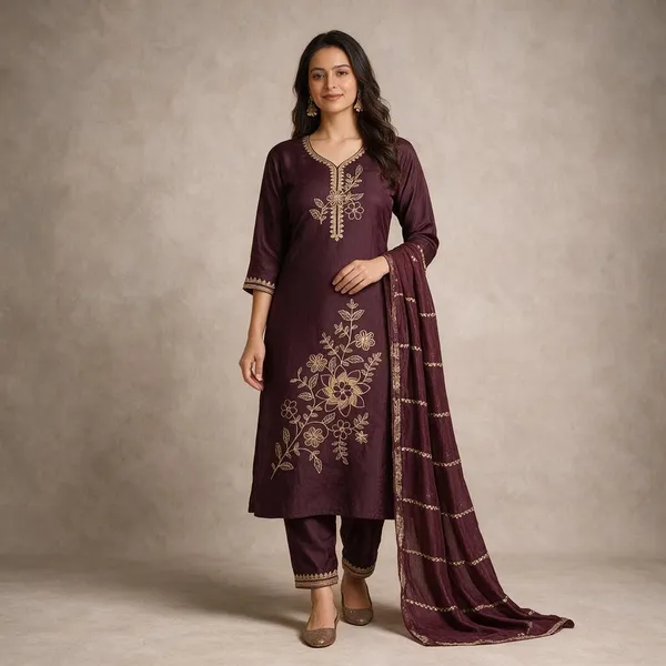 Brown_Roman_Silk_Embroidered_Kurta_Set_For_Women