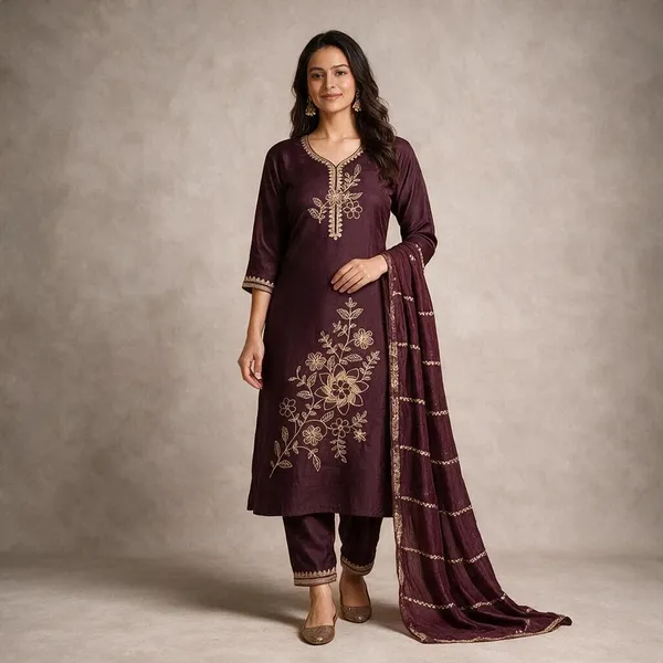 Brown_Roman_Silk_Embroidered_Kurta_Set_For_Women