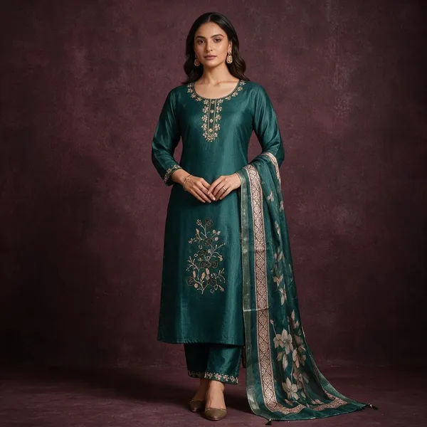 Teal_Roman_Silk_Embroidered_Kurta_Set_For_Women