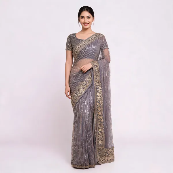 Grey_Net_Traditional_Saree_For_Women