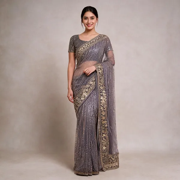 Grey_Net_Traditional_Saree_For_Women