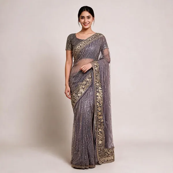 Grey_Net_Traditional_Saree_For_Women