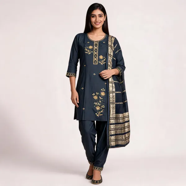 Navy_Blue_Roman_Silk_Embroidered_Kurta_Set_For_Women