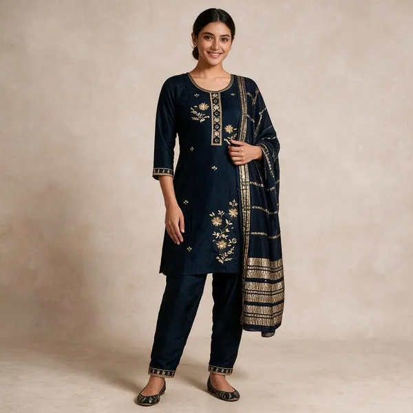 Navy_Blue_Roman_Silk_Embroidered_Kurta_Set_For_Women