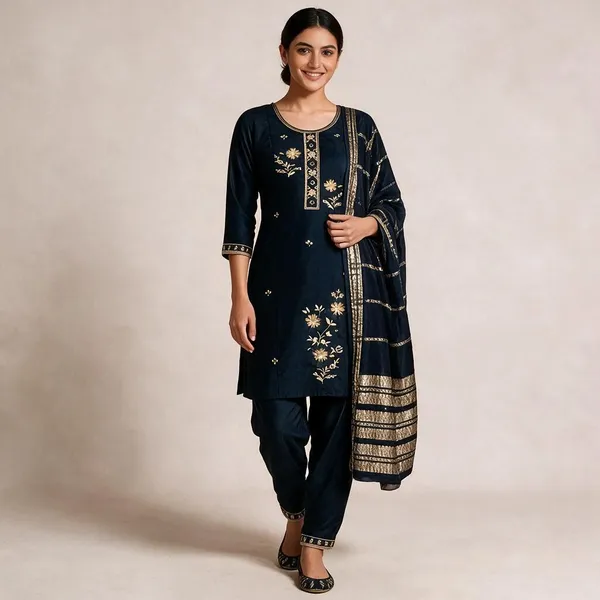 Navy_Blue_Roman_Silk_Embroidered_Kurta_Set_For_Women