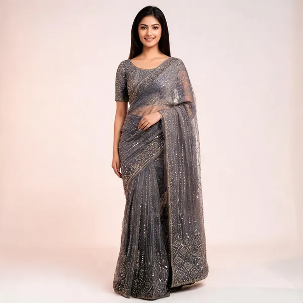 Grey_Net_Traditional_Saree_For_Women