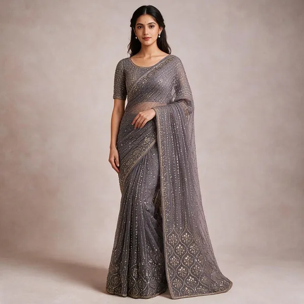 Grey_Net_Traditional_Saree_For_Women