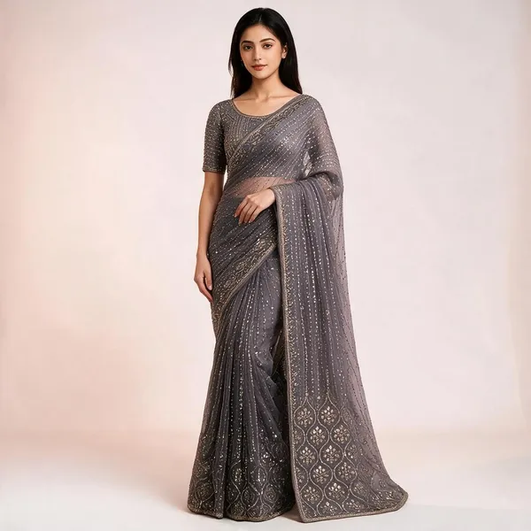 Grey_Net_Traditional_Saree_For_Women